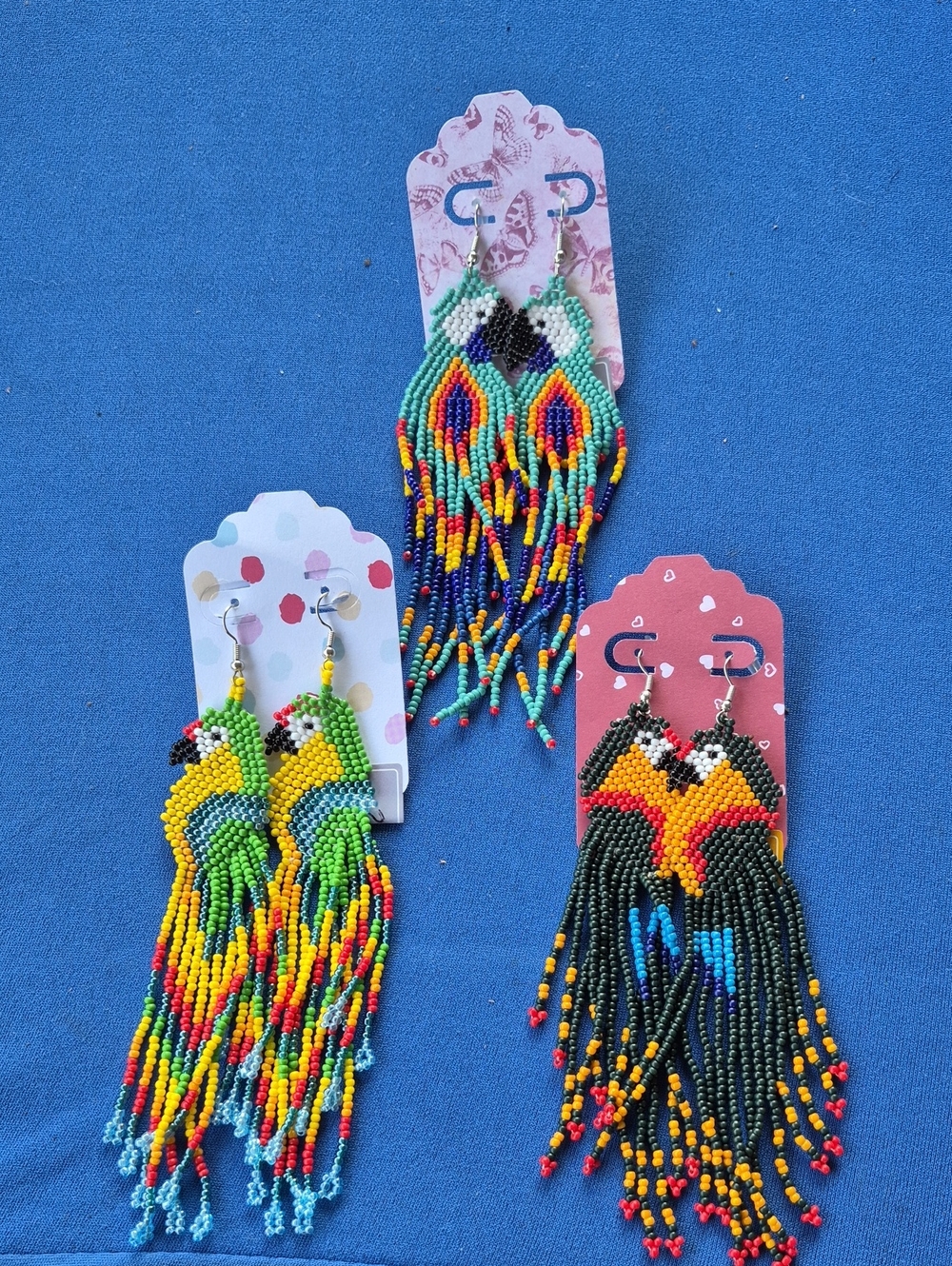 LARGE PARROTS Hand-made HUICHOL Glass Seed Bead dangle earrings 🦜Curtain Fringe